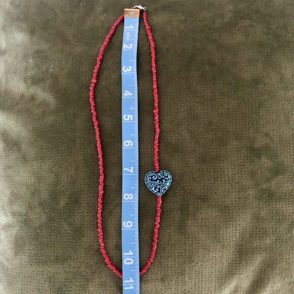 Vintage Zuni Beaded Necklace Red Seed Glass Beads Blue Heart Beads - Picture 4 of 5